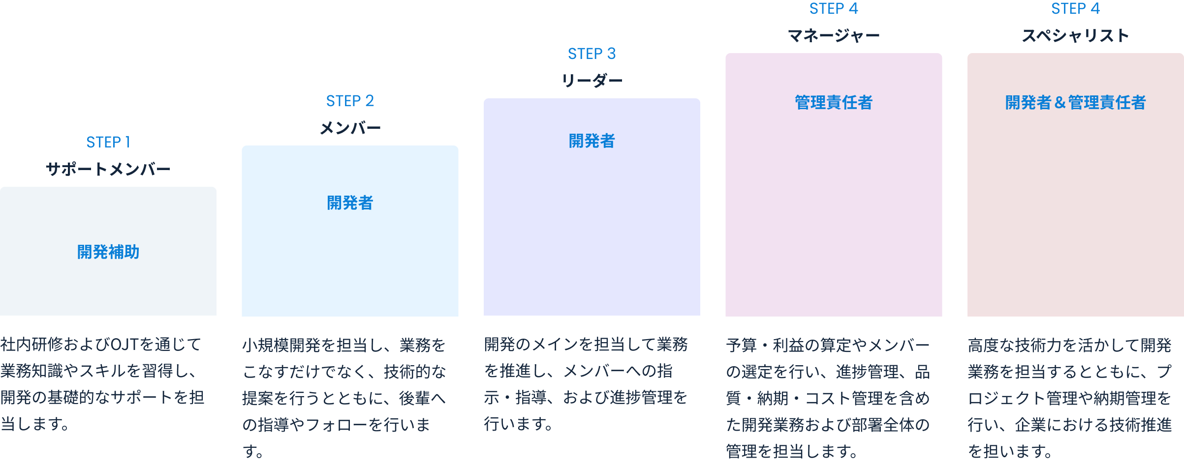 STEP1 サポートメンバー、STEP2 メンバー、STEP3 リーダー、STEP4 マネージャー、STEP4 スペシャリスト